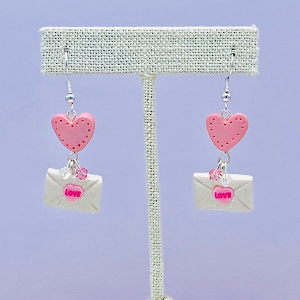 201 polymer clay earrings - pink heart - valentines love letter