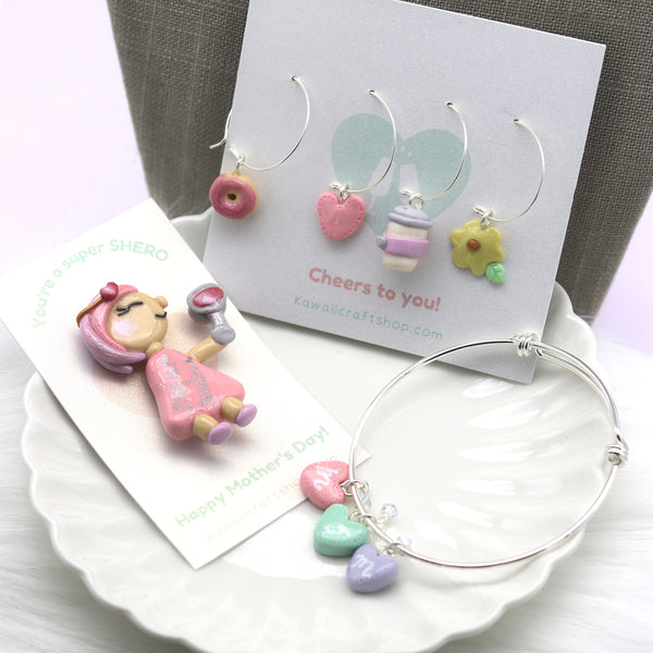 Mothers Day Gift Set Clay Heart Charm Bracelet Pin Wine Charms by Kawaii Craft Shop