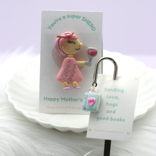 Mothers Day Gift Set Clay Magnet and Bookmark by Kawaii Craft Shop