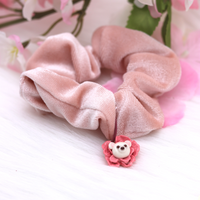 Sakura Bear Clay Charm Pink Velvet Scrunchie by Kawaii Craft Shop