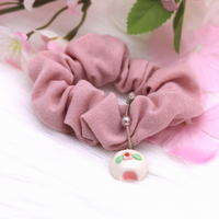 Sakura Mochi Clay Charm Pink Cotton Scrunchie by Kawaii Craft Shop