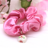 Sakura Mochi Clay Charm Pink Satin Scrunchie by Kawaii Craft Shop