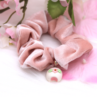 Sakura Mochi Clay Charm Pink Velvet Scrunchie by Kawaii Craft Shop